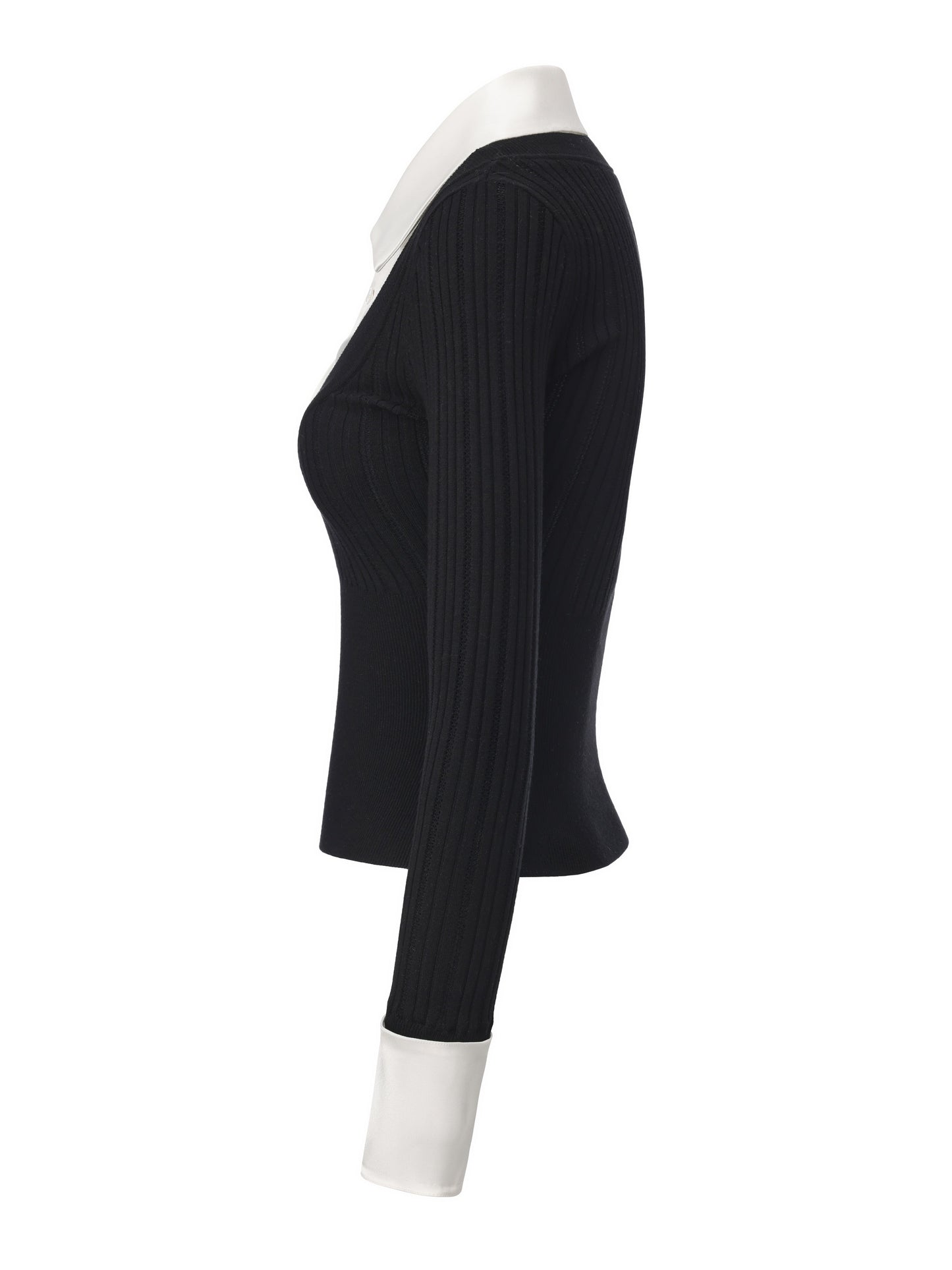 Claudette Contrast Collar Rib Knit Black Top
