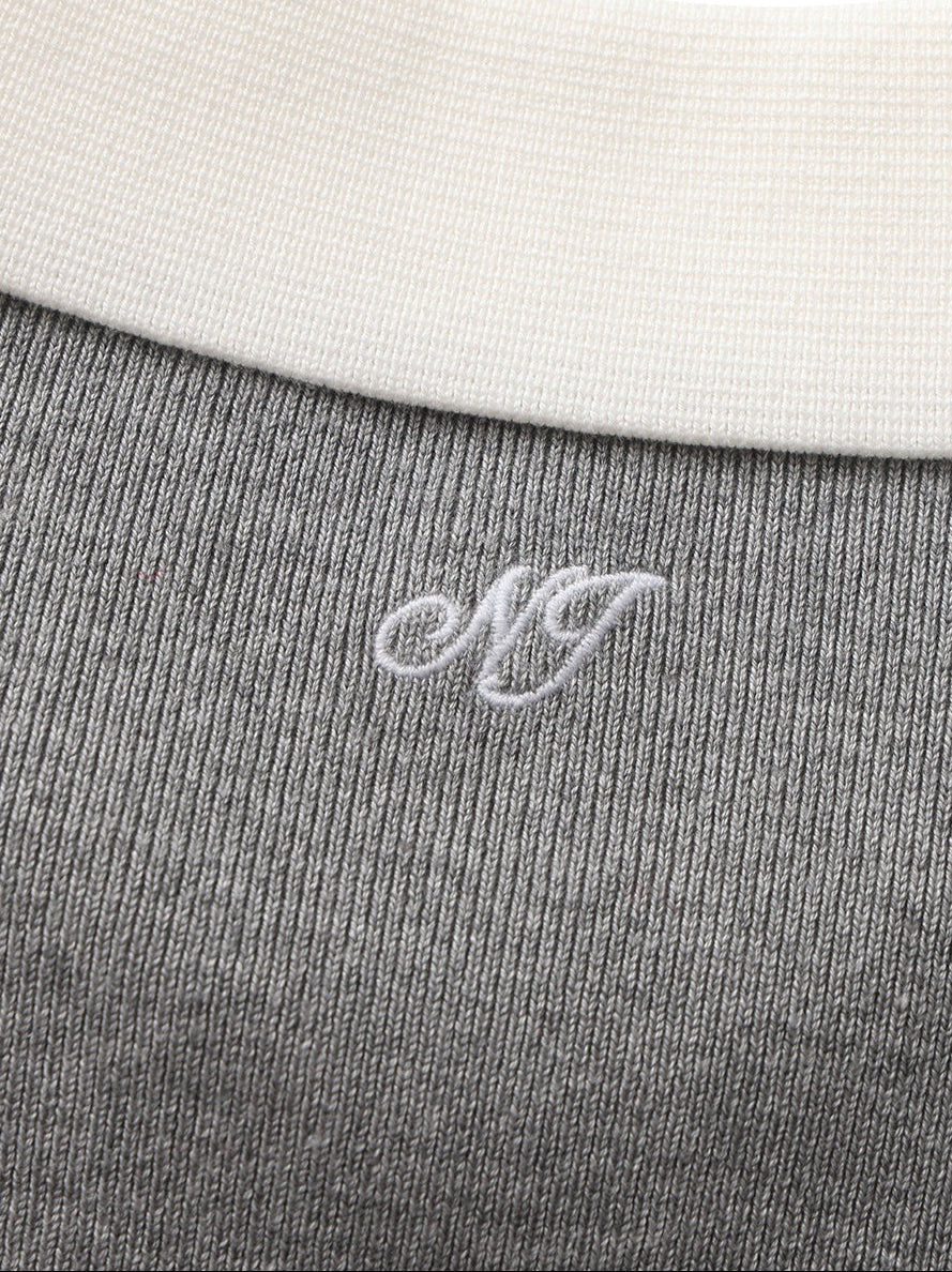 Mia Contrast-Collar Grey Short Sleeve Knit Top