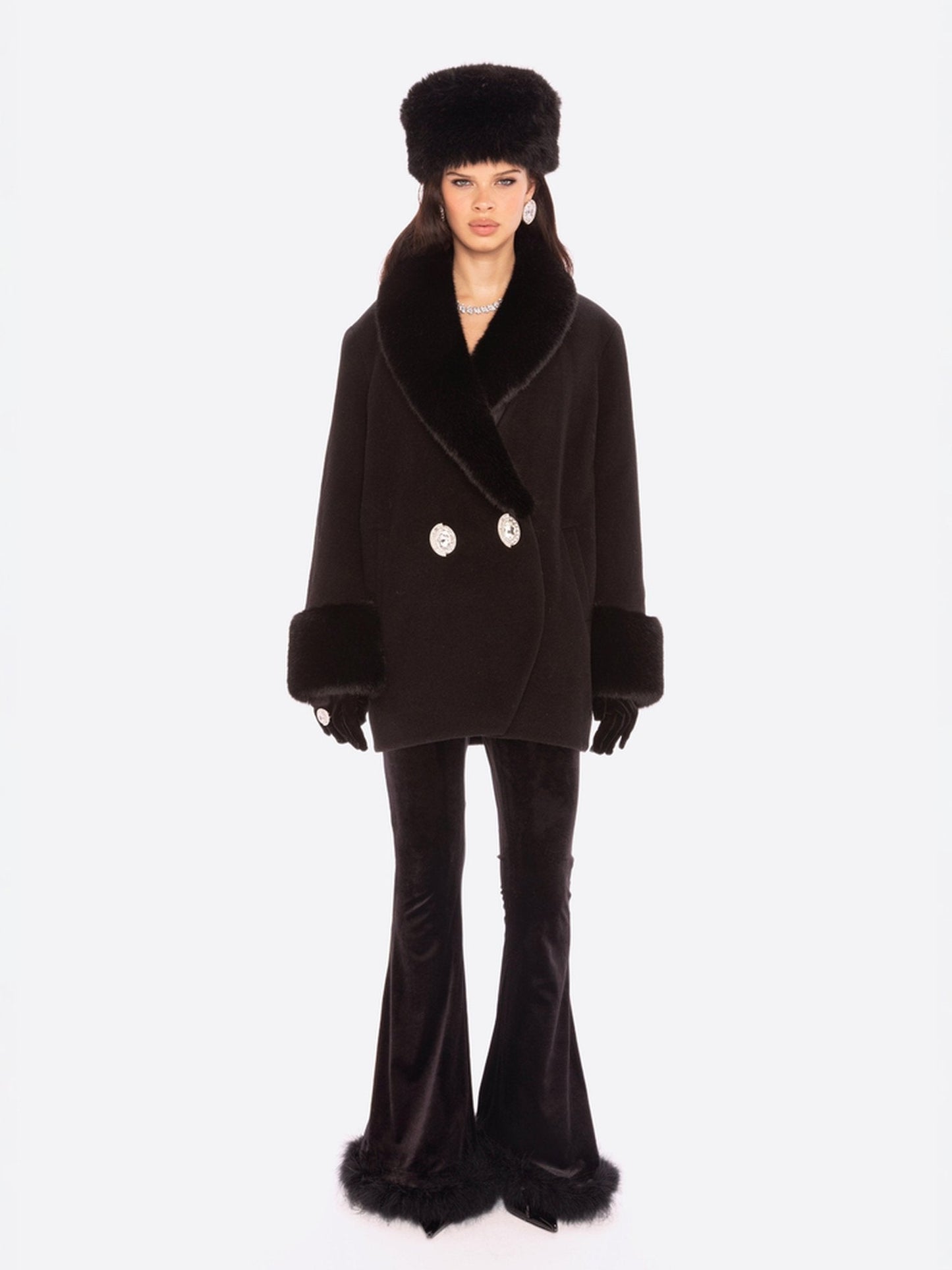 Althea Faux Fur Collar Cocoon Coat (Black)