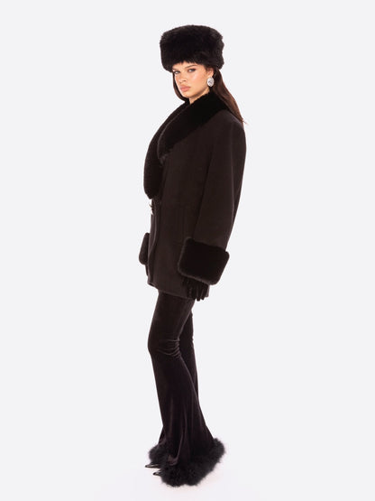 Althea Faux Fur Collar Cocoon Coat (Black)