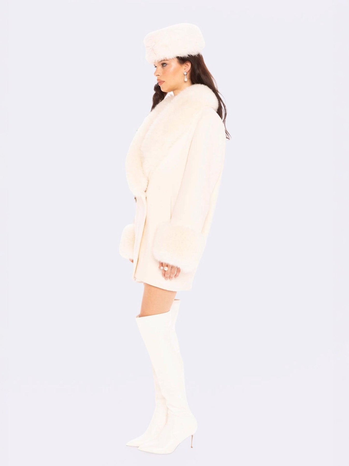 Althea Faux Fur Collar Cocoon Coat (White)