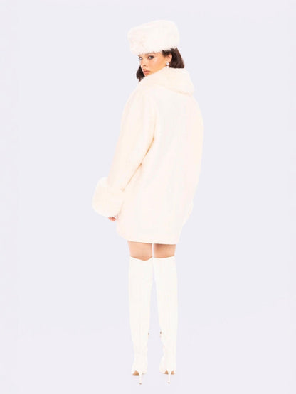 Althea Faux Fur Collar Cocoon Coat (White)