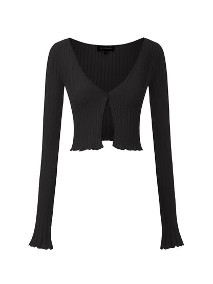 Jane Cropped Ribbed Black Knit Cardigan