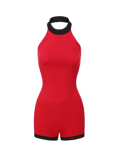 Ava Contrast Halter Knit Red Romper