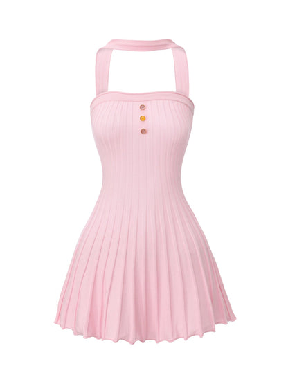 Ava Reverse Halter Pink Knit Flared Dress