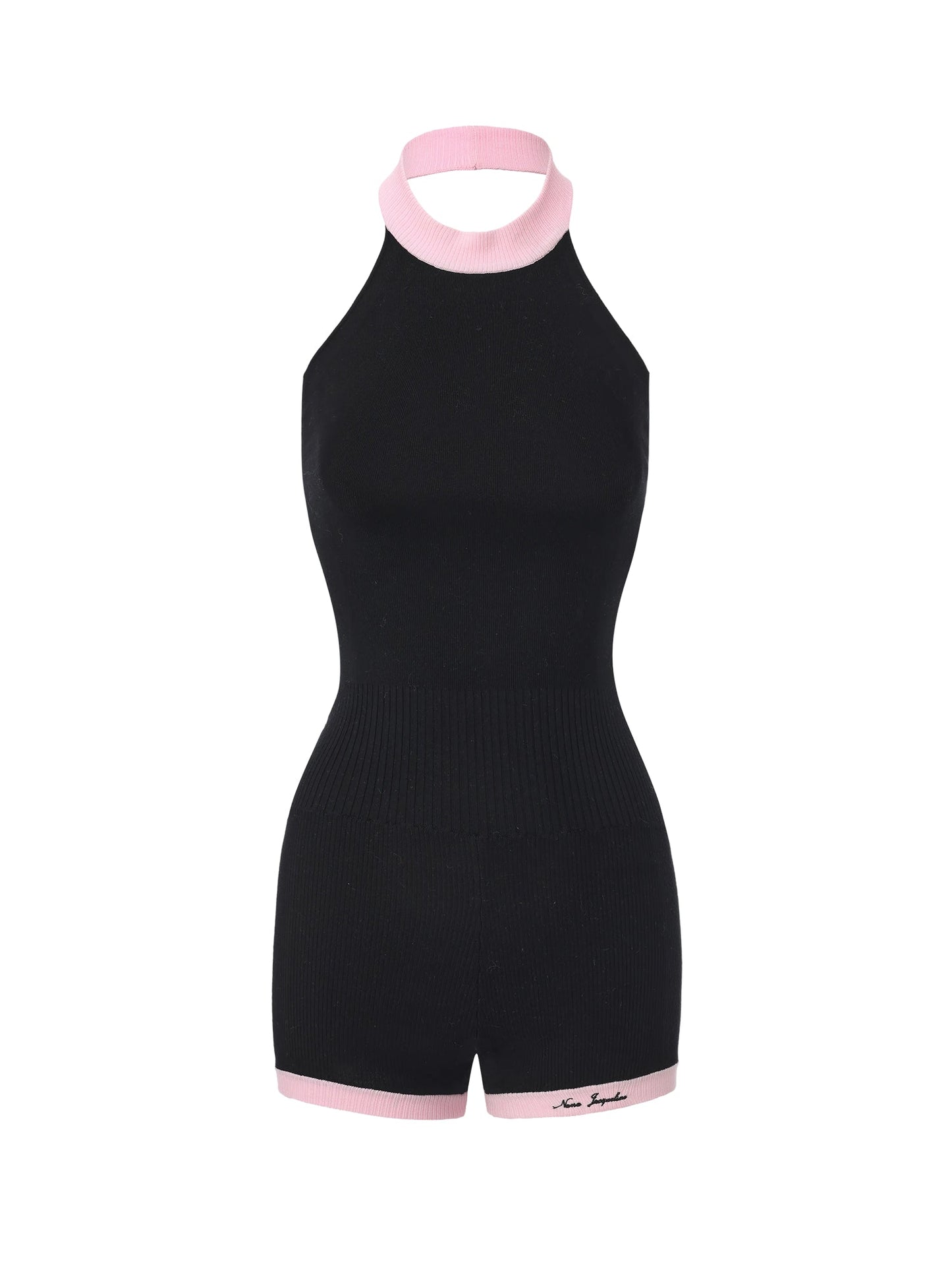 Ava Contrast Halter Knit Black Romper