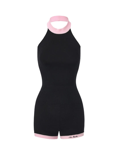 Ava Contrast Halter Knit Black Romper