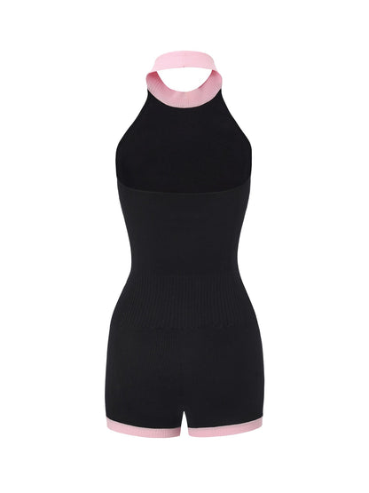 Ava Contrast Halter Knit Black Romper