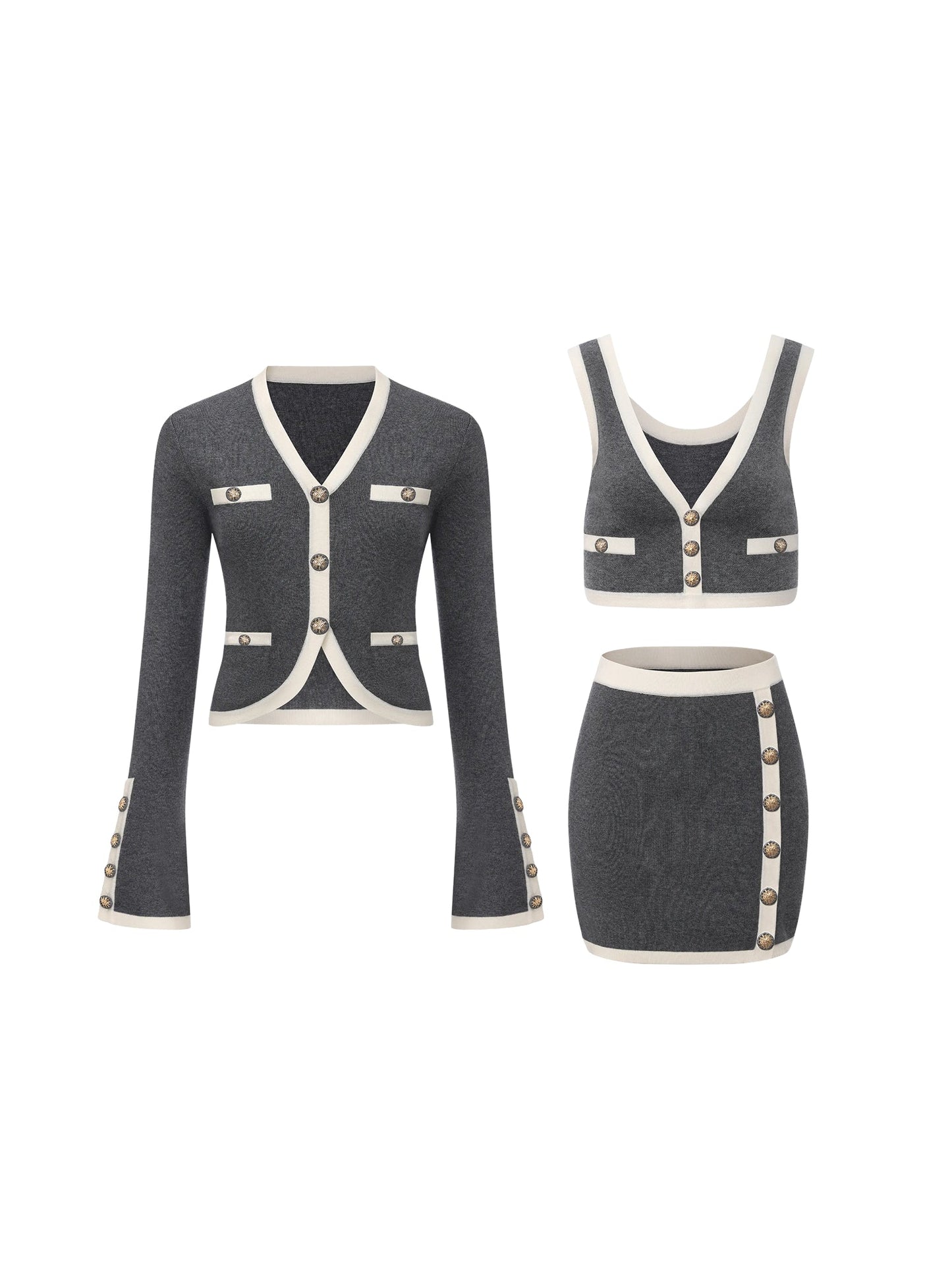 Lisette Contrast-Trim Grey Knit Three-Piece Set