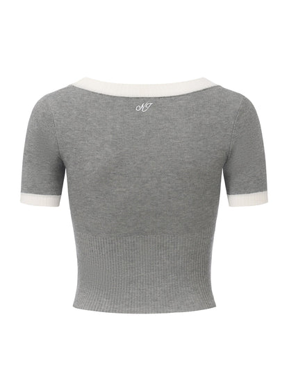 Millie Contrast-Trim Grey Knit Top