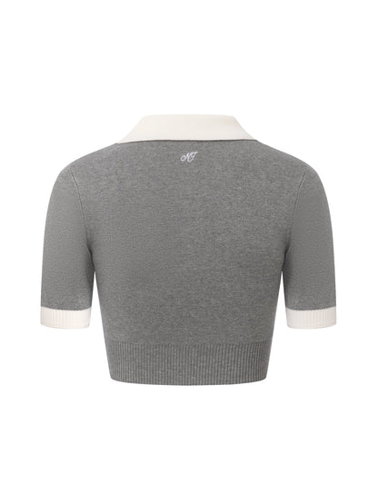 Mia Contrast-Collar Grey Short Sleeve Knit Top
