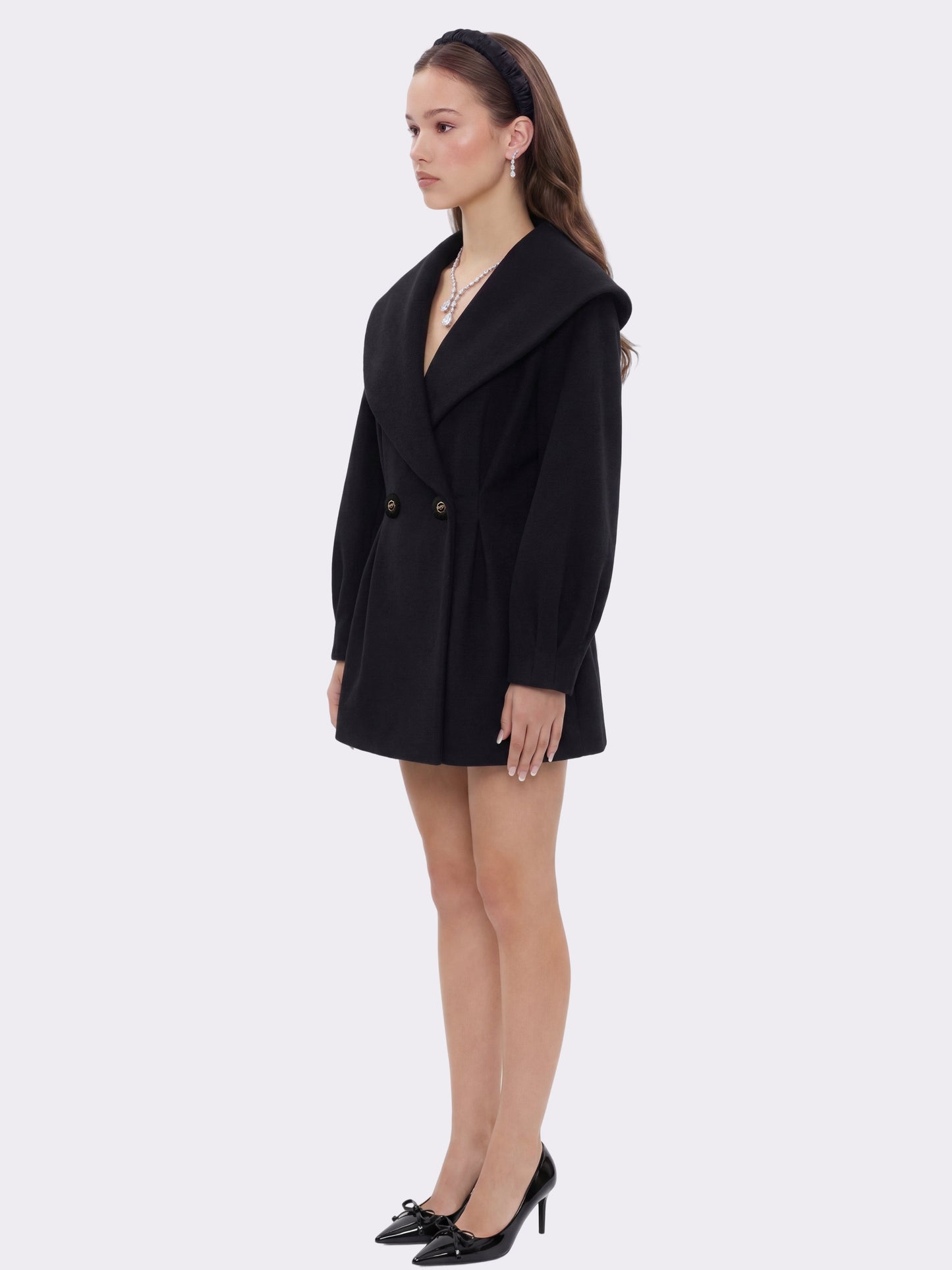 Claudine Bow-Back Wool Black Coat