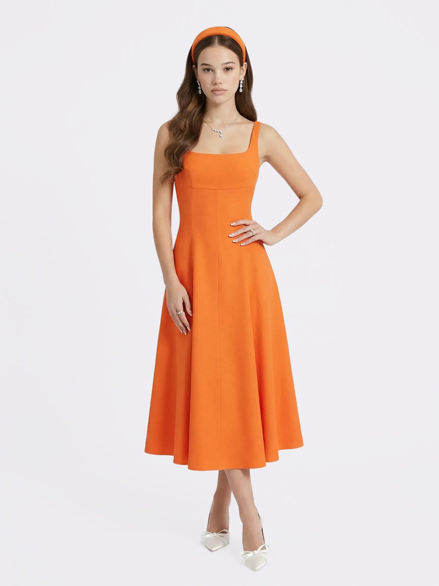Josephine Square-Neck Orange Midi Dress