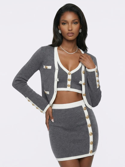 Lisette Contrast-Trim Grey Knit Three-Piece Set