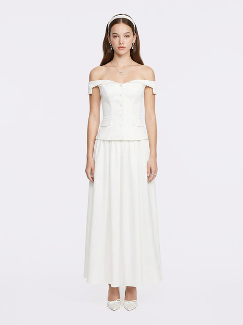 Claudine High-Waist A-Line White Midi Skirt