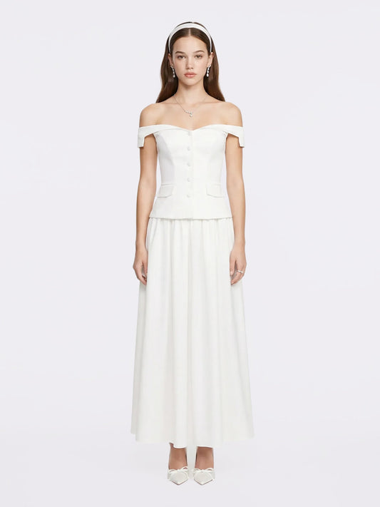 Claudine High-Waist A-Line White Midi Skirt