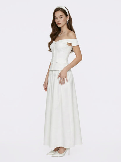 Claudine High-Waist A-Line White Midi Skirt