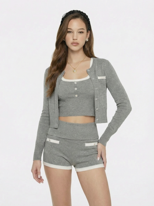 Millie Round-Neck Grey Knit Cardigan