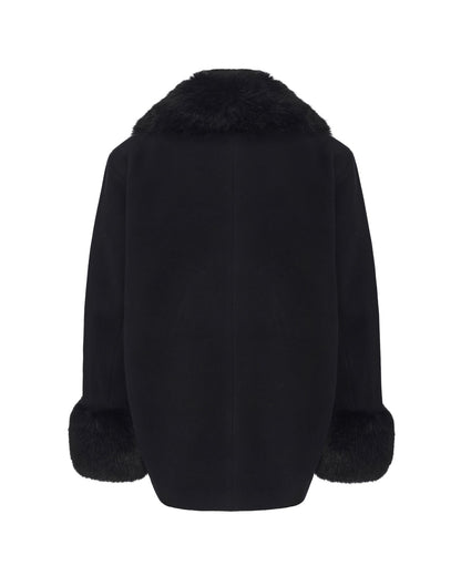 Althea Faux Fur Collar Cocoon Coat (Black)