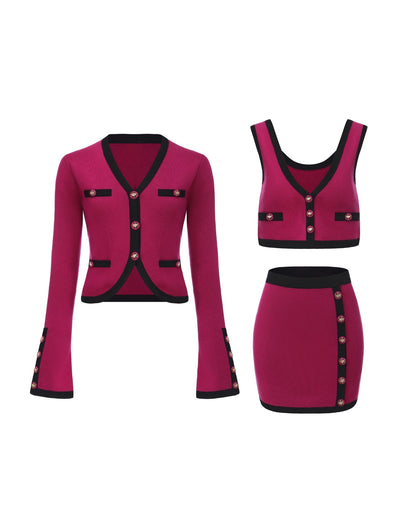 Lisette Contrast-Trim Magenta Knit Three-Piece Set