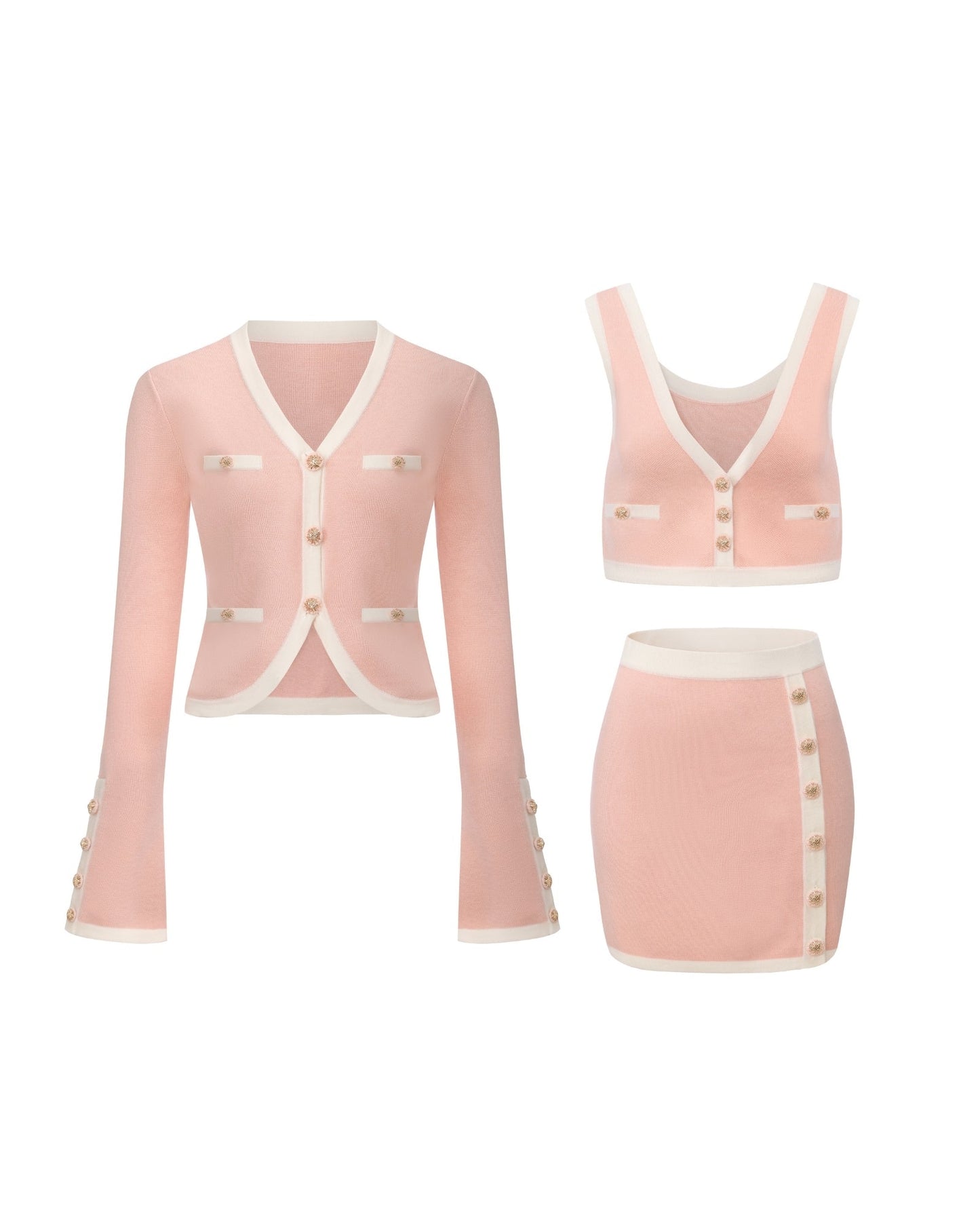 Lisette Contrast-Trim Pink Knit Three-Piece Set