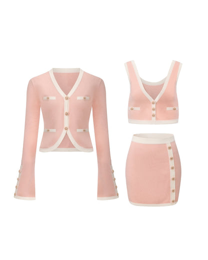 Lisette Contrast-Trim Pink Knit Three-Piece Set