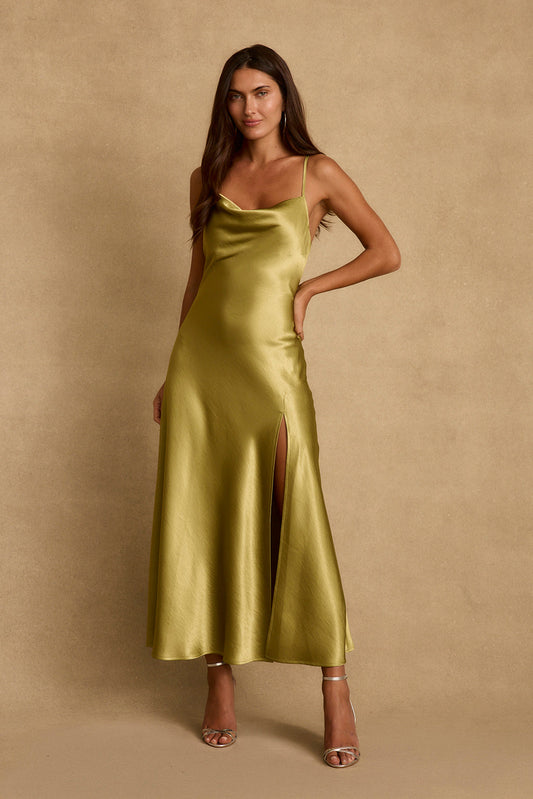 Natalia Chartreuse Satin Maxi Dress