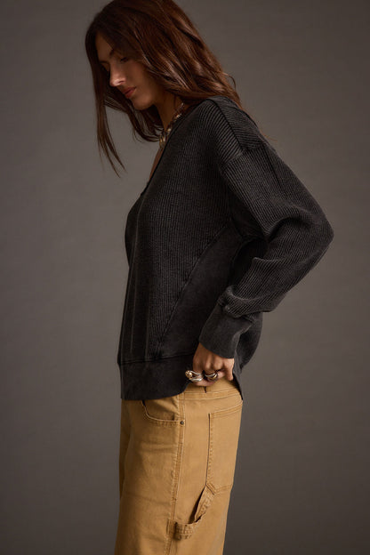 Not Your Ex's Washed Black Waffle Knit Top