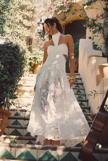 Princesa White Lace Drop Waist Maxi Dress