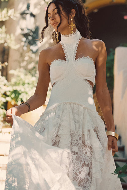 Princesa White Lace Drop Waist Maxi Dress