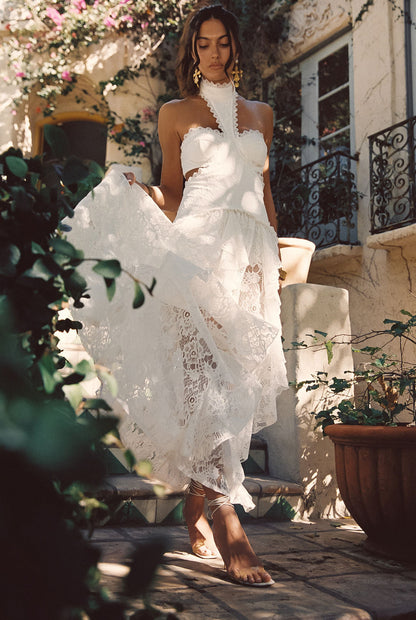 Princesa White Lace Drop Waist Maxi Dress