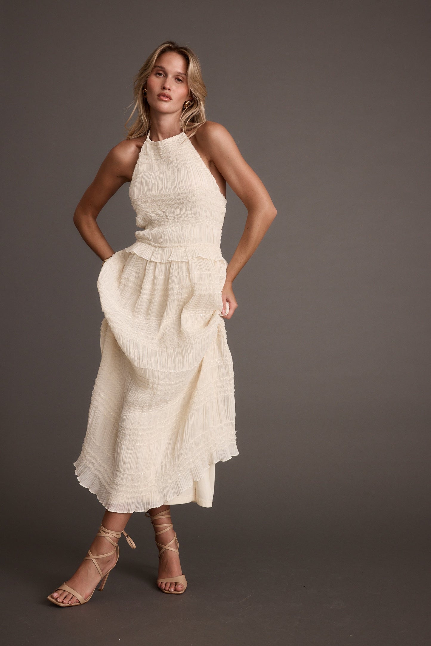 Quinn Ivory High Neck Shimmer Chiffon Maxi Dress