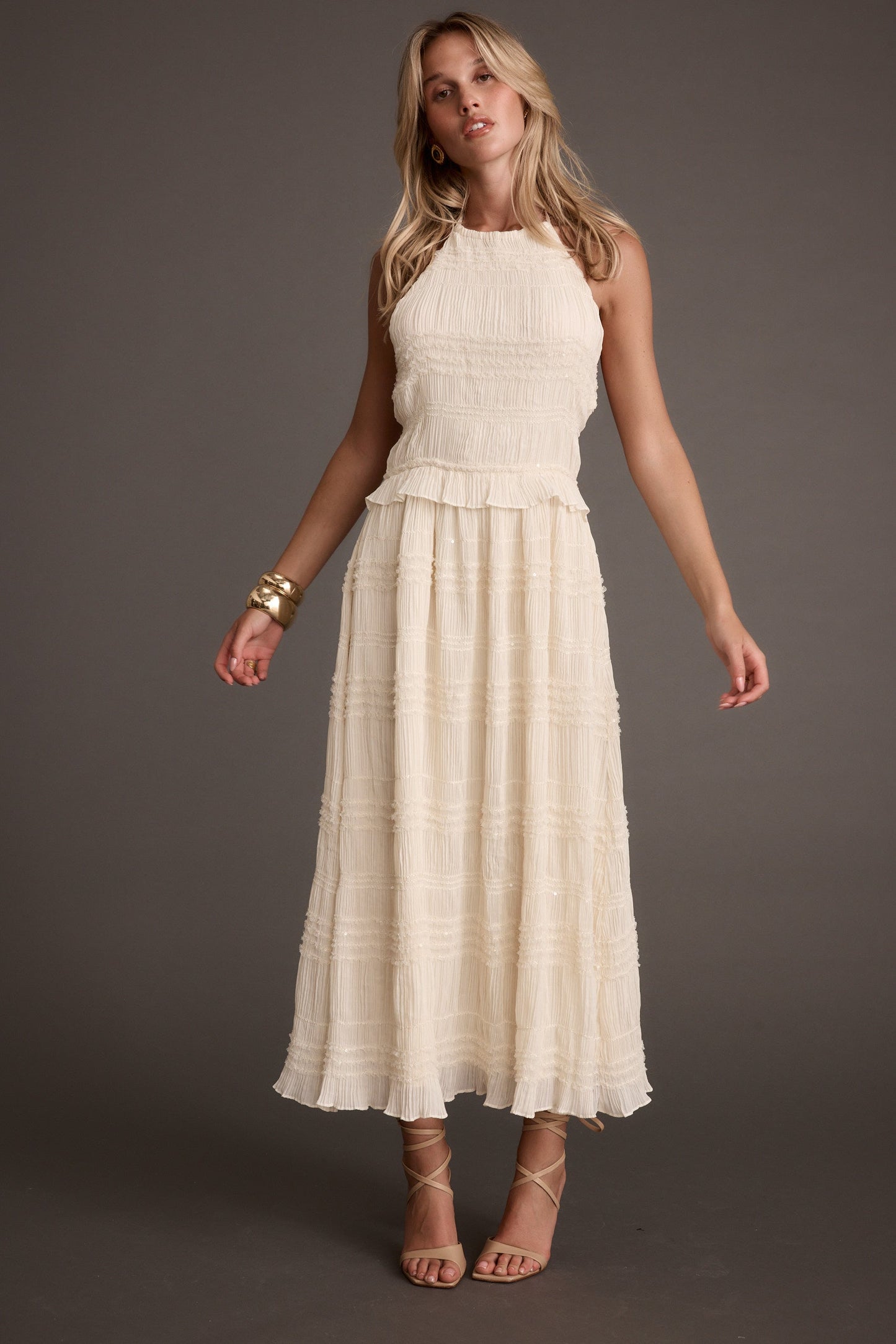 Quinn Ivory High Neck Shimmer Chiffon Maxi Dress