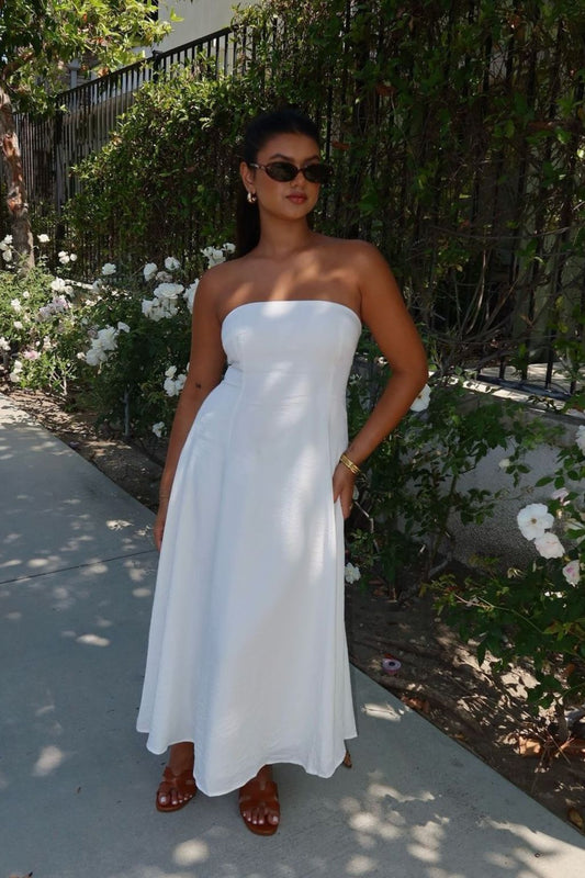 Rhodes White Linen Strapless Midi Dress