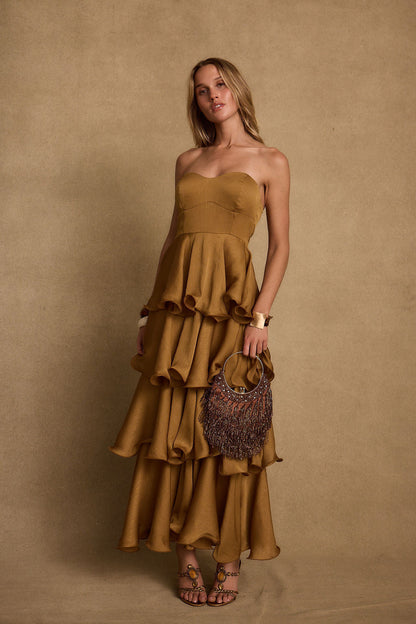 Selene Gold Ruffle Maxi Dress