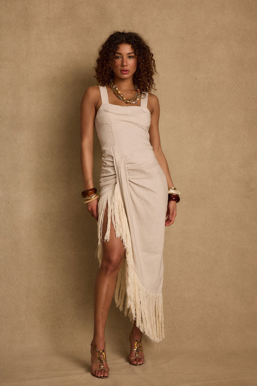 Serenade Beige Linen Wrap Midi Dress