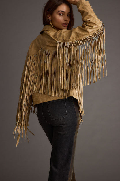 Phoenix Taupe Vegan Leather Moto Fringe Jacket