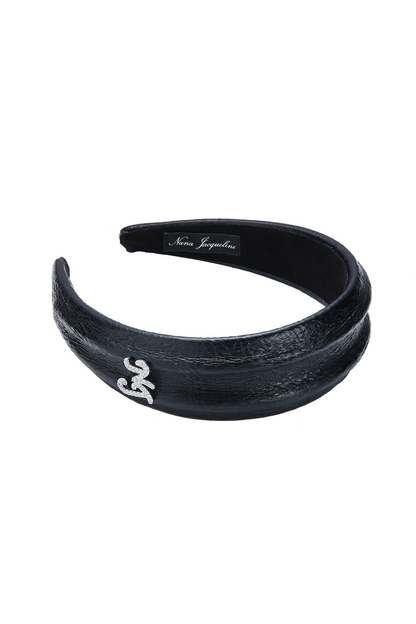 Eugenie Crystal-Detail Black Leather Headband