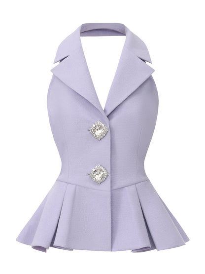 Camille Crystal-Button Purple Peplum Vest