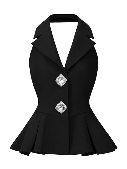 Camille Crystal-Button Black Peplum Vest
