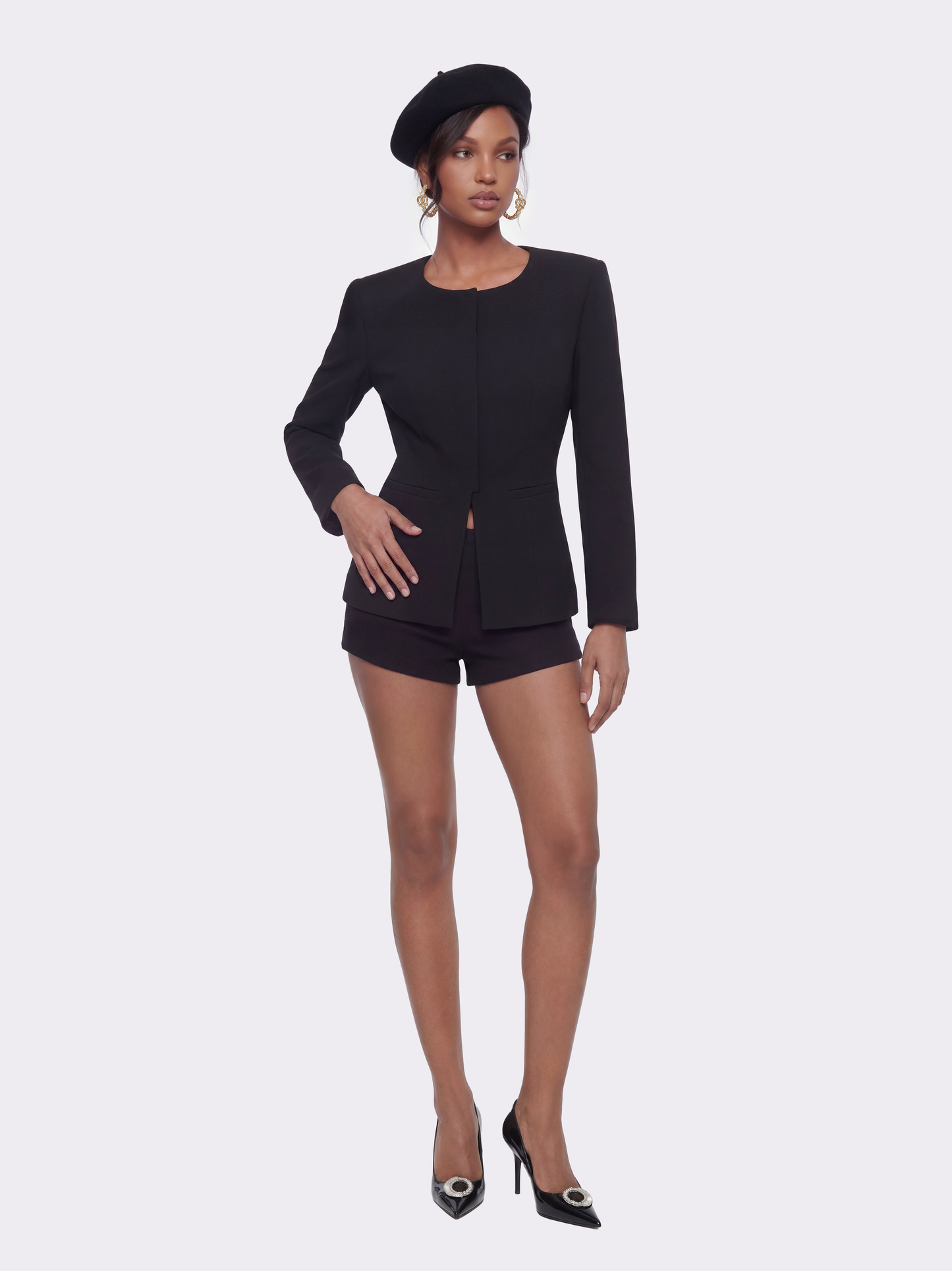 Natalia Tailored Hidden-Placket Black Blazer