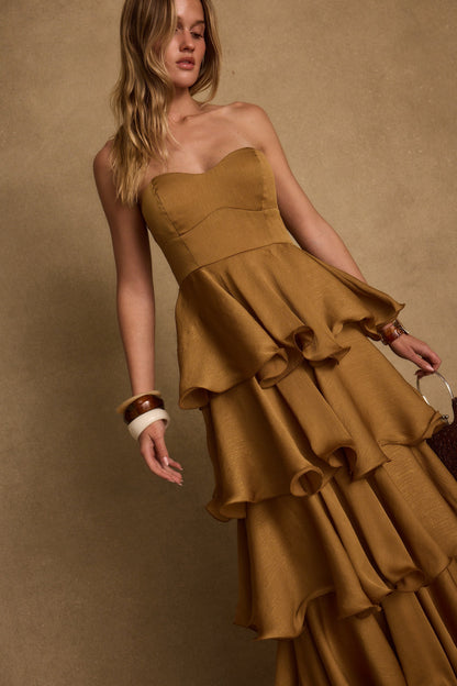 Selene Gold Ruffle Maxi Dress