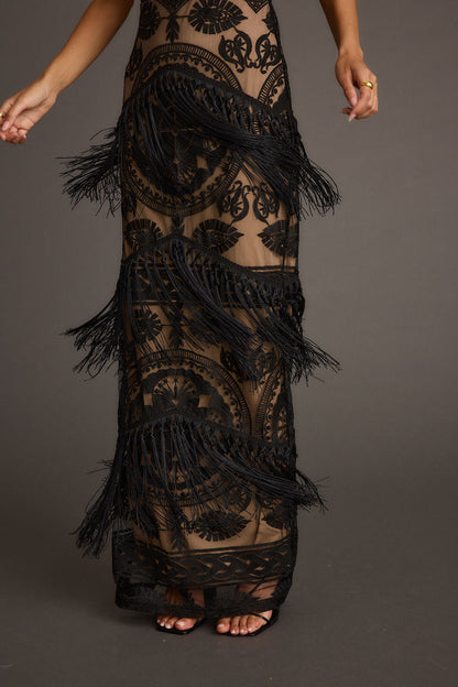 Shadows Black Lace Fringe Maxi Dress
