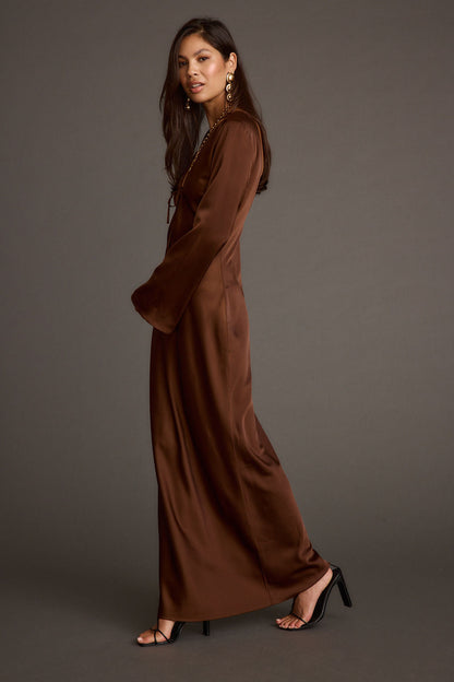 Strokes Mocha Long Sleeve Plunge Satin Maxi Dress