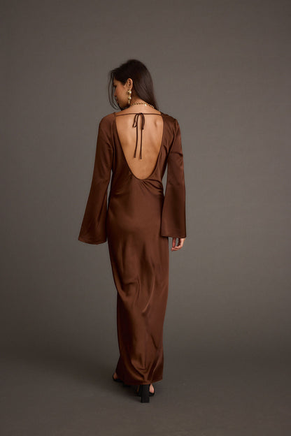 Strokes Mocha Long Sleeve Plunge Satin Maxi Dress