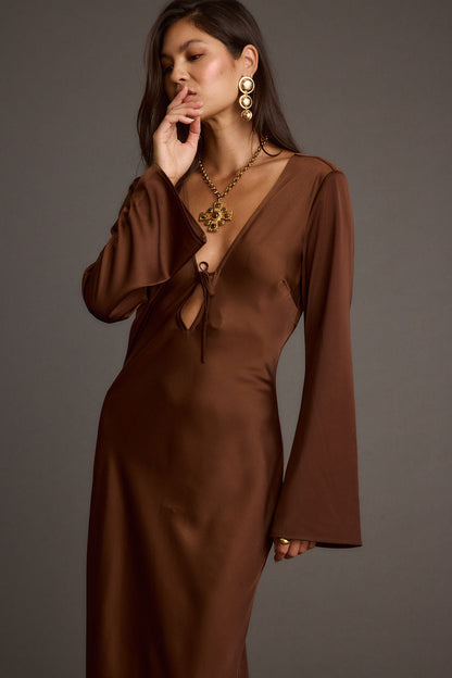 Strokes Mocha Long Sleeve Plunge Satin Maxi Dress