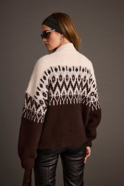 Toddy Espresso and Ivory Zip Up Sweater
