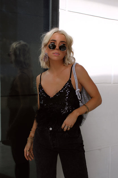 Darling Black Sequin Novelty Crop Top