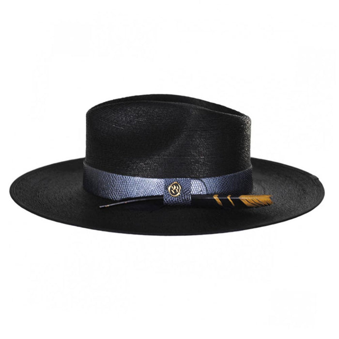 Andora Black Palm Straw Fedora Hat with Gold Feather - Biltmore Hats Fedora Hat Biltmore Hats ANDORA4BLK1 Black Extra-Small (55 cm)
