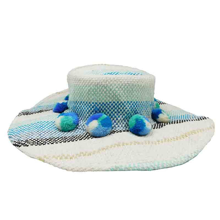Basketweave Bohemian Hat with Large Pom Poms  - America and Beyond Wide Brim Hat America and Beyond  Blue OS